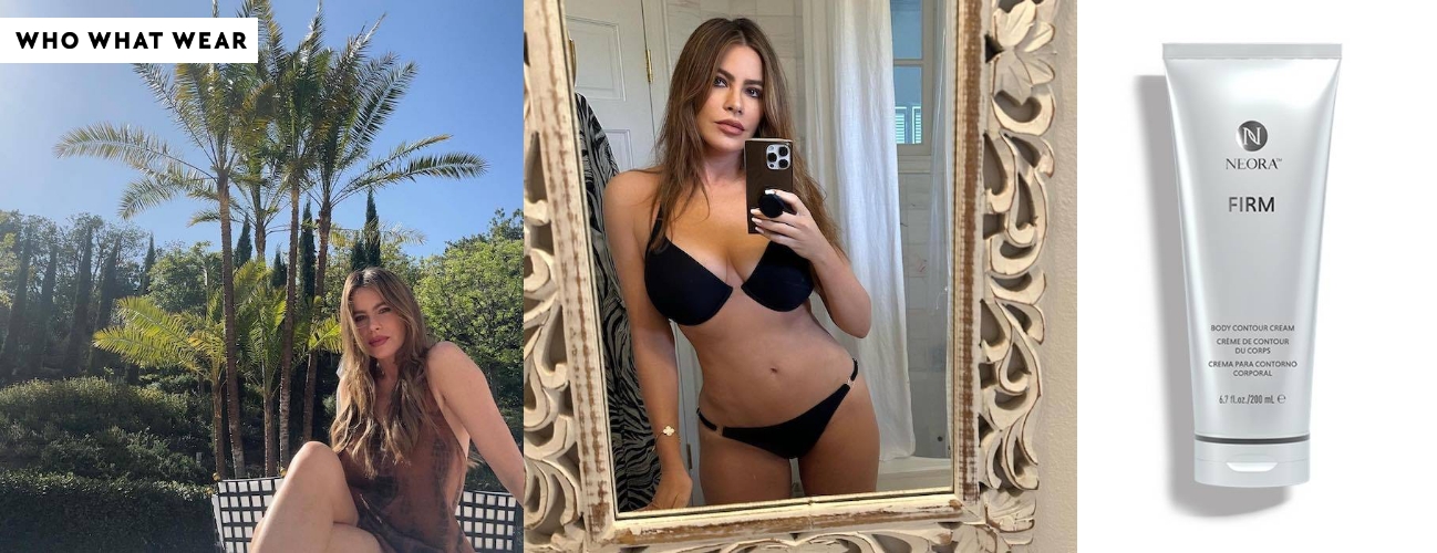 Images of actress Sofia Vergara poolside and taking a mirror selfie in the bathing suit along with an image of a bottle of Firm Body Contour Cream.